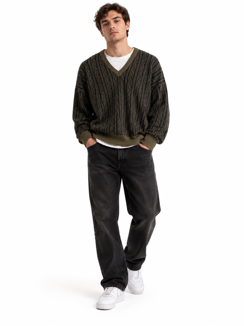 Vintage Black Olive Patterned Wool Blend V-Neck Sweater – Size XL EUC